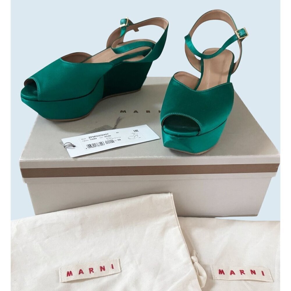 MARNI Emerald Green Satin Platform Peep Toe Ankle Strap Sandal Sz 9